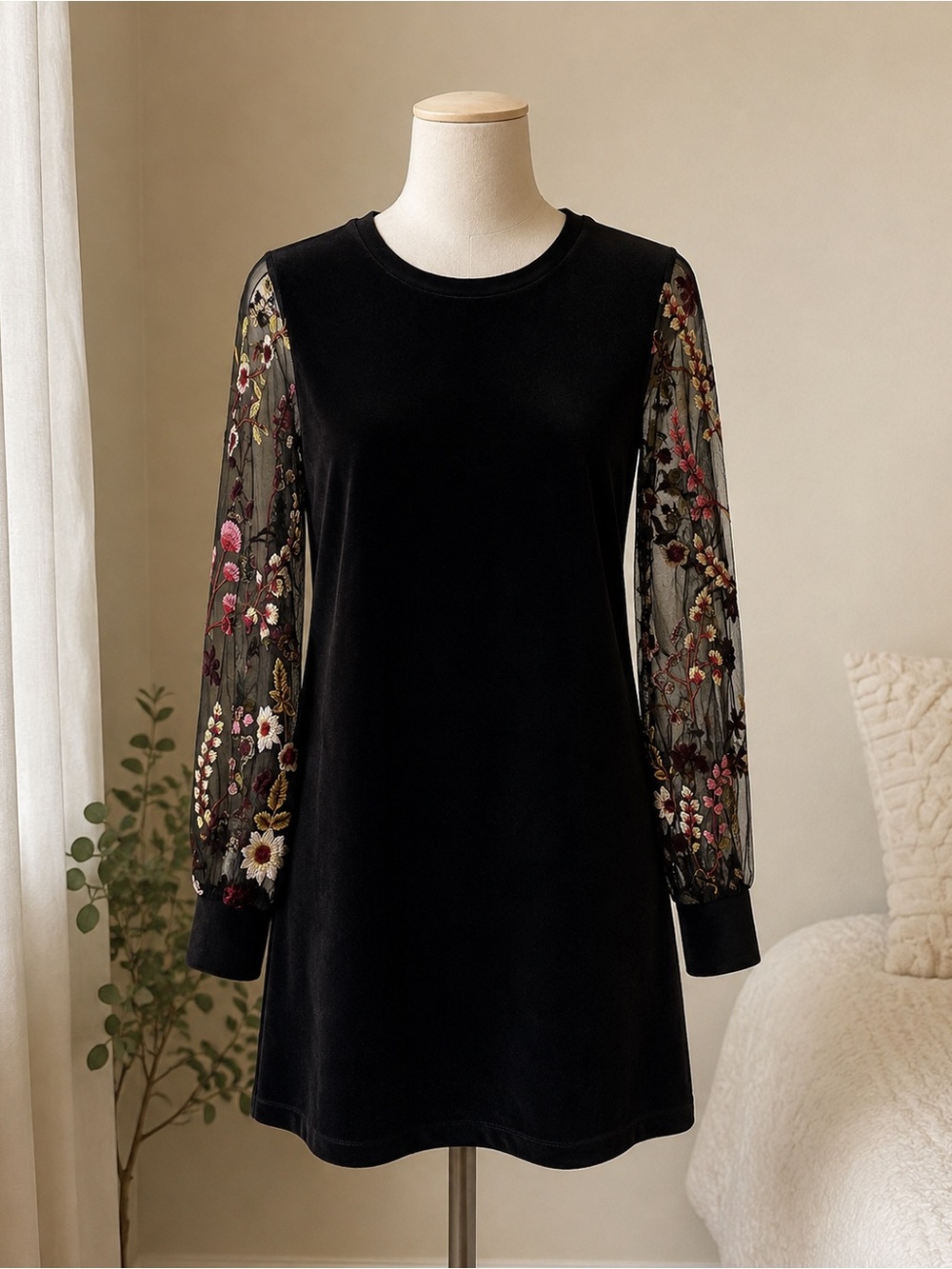 Beautiful black mini dress with sheer floral embroidered sleeves